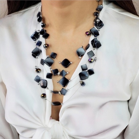 Tiger Cat Eye Beaded Rhinestone Cascading Tier Layered Necklace - Picture 1 of 8